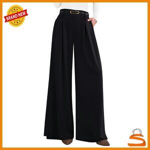 Wide Leg Palazzo Trousers Elastic Waist Pleated Work Pants with Pockets